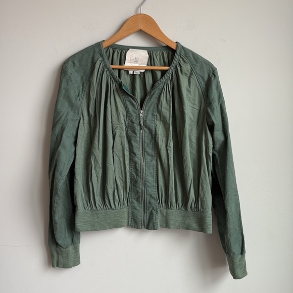 Anthropologie Hei Hei Hilltop Ruched Olive Green Linen Blend Zip Bomber Jacket L - Picture 4 of 12